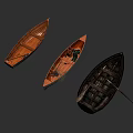 Three Vintage Wooden Boats with Natural Wood Hulls and Rowing Oars