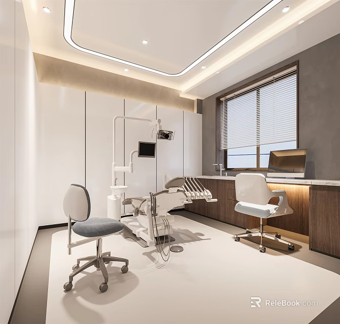 Modern Dental Clinic Treatment Room With White Wooden Cabinets Medical Equipment And Chairs 3d model 