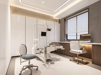 Modern Dental Clinic Treatment Room With White Wooden Cabinets Medical Equipment And Chairs 3d model