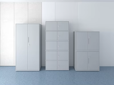Three Gray Modern Bookcases With Cabinet Doors And Drawer Storage 3d model