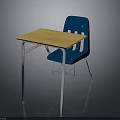 Wooden Top Student Desk With Blue Chair And Metal Frame Book Basket