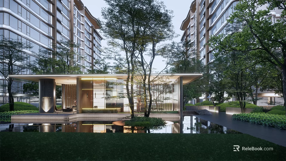 Elegant Modern Commercial Street with High Rise Buildings Glass Pavilion Trees Pond and Leisure Area 3d model 