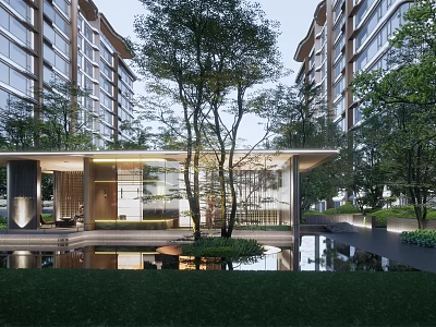 Elegant Modern Commercial Street with High Rise Buildings Glass Pavilion Trees Pond and Leisure Area 3d model