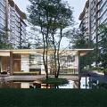 Elegant Modern Commercial Street with High Rise Buildings Glass Pavilion Trees Pond and Leisure Area