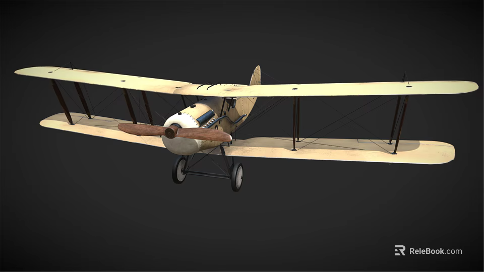 Vintage Biplane Airliner Model Featuring Dual Wings and Wooden Propeller 3d model 