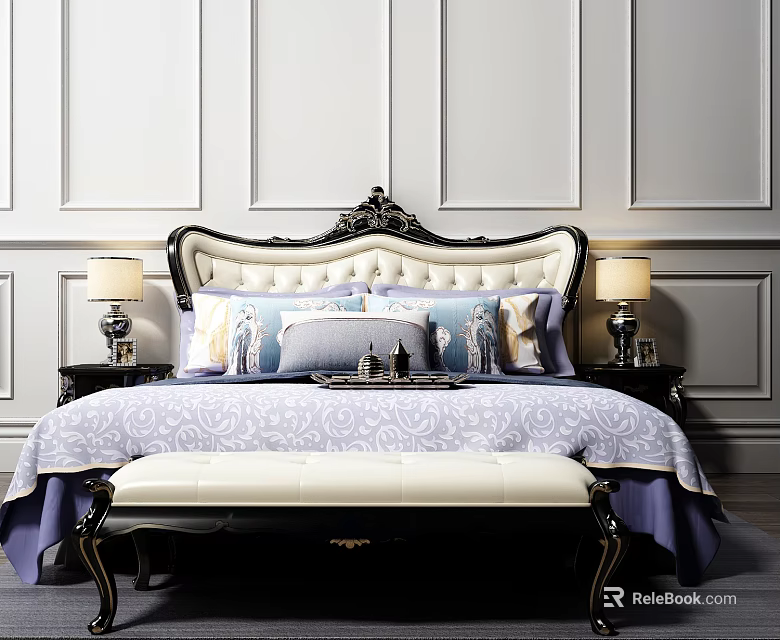 Luxurious Double Bed With Ornate Black White Headboard Patterned Bedding And Bedside Lamps 3d model 