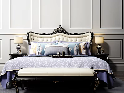 Luxurious Double Bed With Ornate Black White Headboard Patterned Bedding And Bedside Lamps 3d model