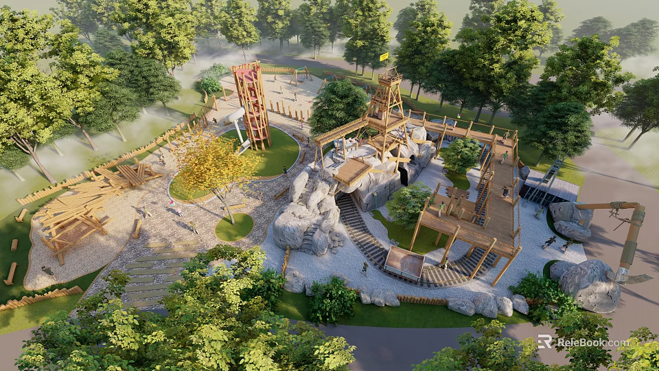 Outdoor Adventure Park With Wooden Structures Rock Formations Lush Trees And Walking Paths 3d model 