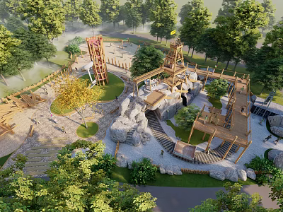 Outdoor Adventure Park With Wooden Structures Rock Formations Lush Trees And Walking Paths 3d model