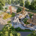 Outdoor Adventure Park With Wooden Structures Rock Formations Lush Trees And Walking Paths