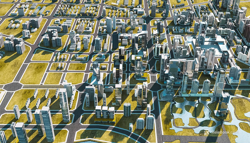 Aerial Planning of Modern Urban City with Buildings Roads Green Spaces and Water Bodies 3d model 