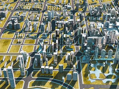 Aerial Planning of Modern Urban City with Buildings Roads Green Spaces and Water Bodies 3d model