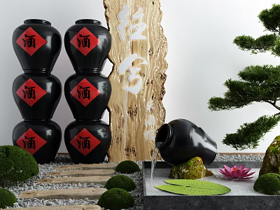 Traditional Garden Ornament With Stacked Black Wine Jars Red Characters Green Plants And Lotus 3d model