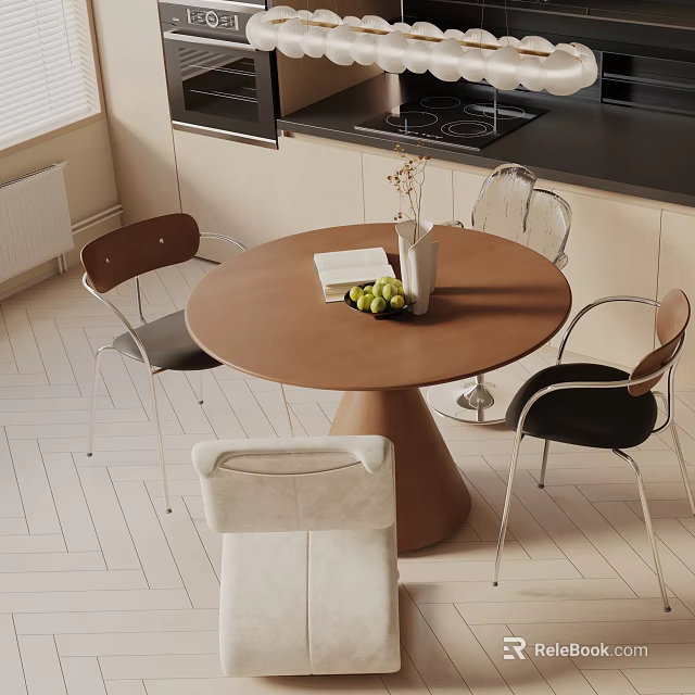 Modern Brown Round Dining Table Set With Metal Frame Chairs Grapes Vase And Book 3d model 
