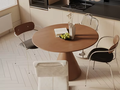 Modern Brown Round Dining Table Set With Metal Frame Chairs Grapes Vase And Book 3d model