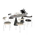 Modern Dining Table Set With Oval White Tabletop Black And Beige Chairs Vase And Tableware 3d model