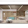 Bright Kindergarten Classroom With Wooden Ceiling Colorful Shelves And Kids Furniture
