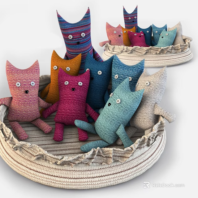 Colorful Cat Stuffed Toys In Woven Basket With Multiple Colors And Soft Look 3d model 