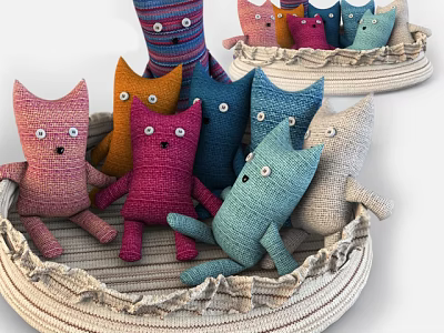 Colorful Cat Stuffed Toys In Woven Basket With Multiple Colors And Soft Look 3d model