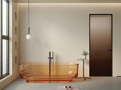 Orange Clear Bathtub In Modern Minimalist Bathroom With Hanging Light Side Table And Window 3d model