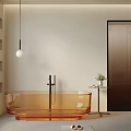 Orange Clear Bathtub In Modern Minimalist Bathroom With Hanging Light Side Table And Window