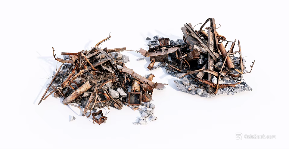 Stone and Wood Construction Debris Pile with Mixed Scrap and Rusted Metal 3d model 