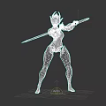 Futuristic Female Game Movie Character Wearing Silver Gold Armor Holding Spear In Combat Stance