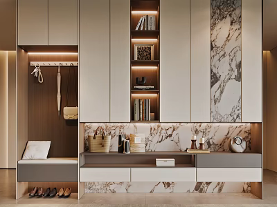 Modern Shoe Cabinet Design With Hanging Hooks Marble Storage Shelves And Decorative Items 3d model