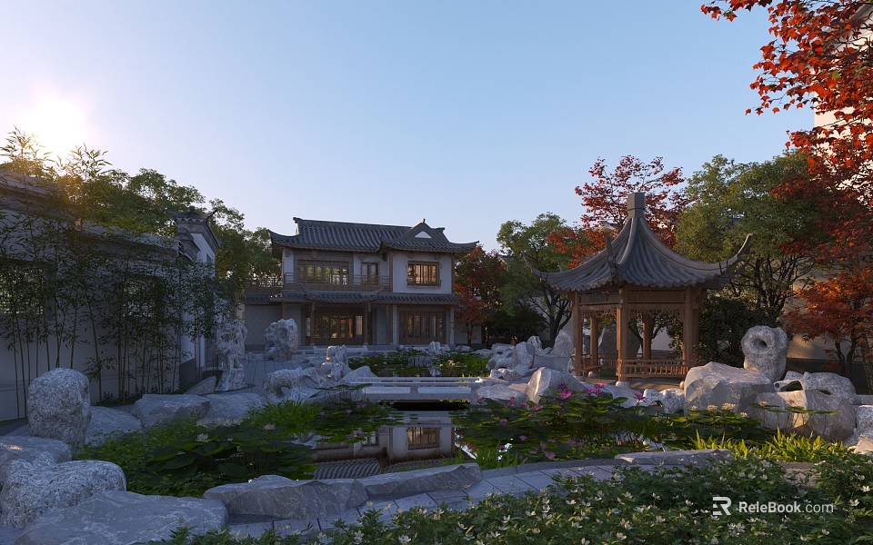 Ancient Chinese Architecture In Traditional Garden With Pond Pavilion Rocks 3d model 
