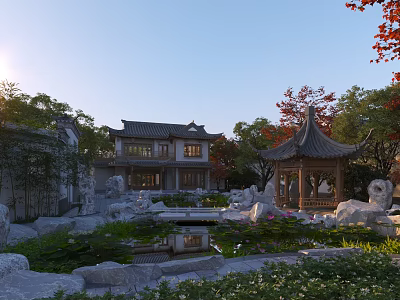 Ancient Chinese Architecture In Traditional Garden With Pond Pavilion Rocks 3d model