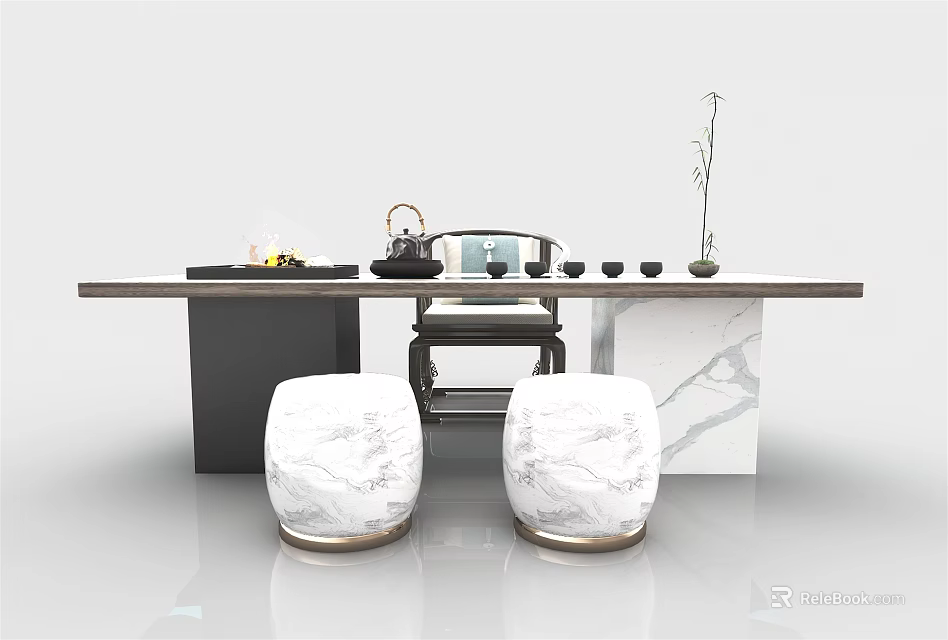 Modern Tea Table and Chairs with Marble Top Stools and Tea Set Decoration 3d model