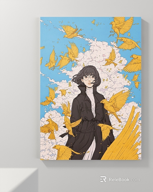 Illustration Style Female Portrait with Glasses and Yellow Birds in Blue Sky Clouds 3d model 