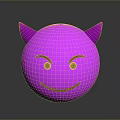 Pink Sphere Cartoon Creature With Purple Horns Brown Eyebrows And Smiling Mouth On Gray Background