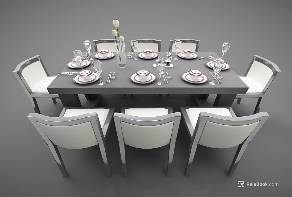 Modern Dining Table Set With White Chairs Tableware And Decorative Flowers 3d model