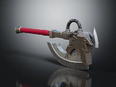 Metallic Battle Axe With Red Wrapped Handle Serrated Edge And Mechanical Design 3d model