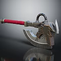 Metallic Battle Axe With Red Wrapped Handle Serrated Edge And Mechanical Design 3d model