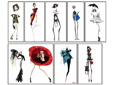 Fashion Sketch Illustrations Of Female Figures In Stylish Outfits And Accessories 3d model