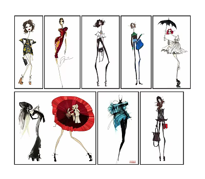 Fashion Sketch Illustrations Of Female Figures In Stylish Outfits And Accessories 3d model
