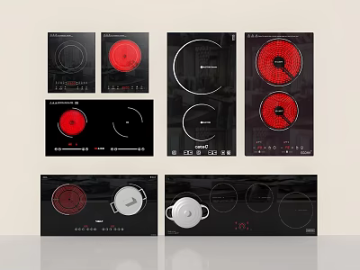 Different Styles Of Modern Kitchen Electric Cooktops With Black Panels And Red Heating Areas 3d model