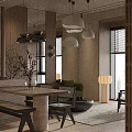 Modern Warm Wood Toned Living And Dining Room With Cozy Furnishings And Soft Ambient Lighting