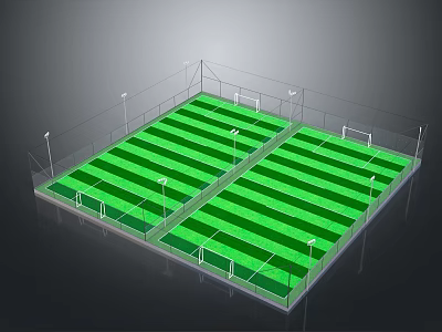 Outdoor Twin Football Fields Setup With Green Turf White Lines Fencing And Lighting Poles 3d model