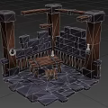 Cartoon Scene With Stone Walls Wooden Pillars And Wooden Table On Stone Floor