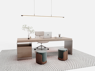 Modern Desk and Chair Combination Finished Desk Office Chair Chandelier Laptop Carpet Green Planting model