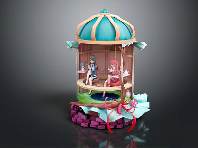 Two Animated Characters In Decorative Cage Structure With Green Grass And Red Ribbons 3d model