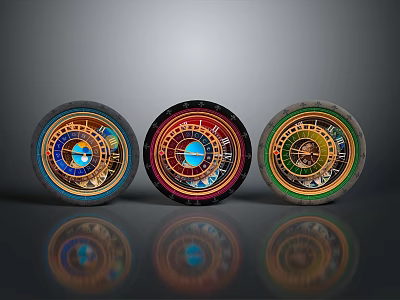 Three Colorful Round Decorative Household Items With Intricate Patterns And Reflections 3d model