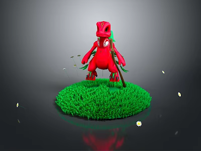 Red Cartoon Dinosaur Standing On Green Grass With Small Yellow Flowers And Falling Petals 3d model