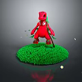 Red Cartoon Dinosaur Standing On Green Grass With Small Yellow Flowers And Falling Petals