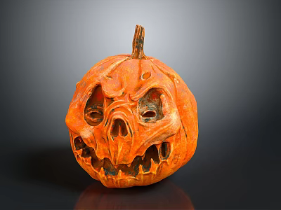 Orange Carved Halloween Pumpkin With Scary Face And Shiny Surface On Dark Background 3d model
