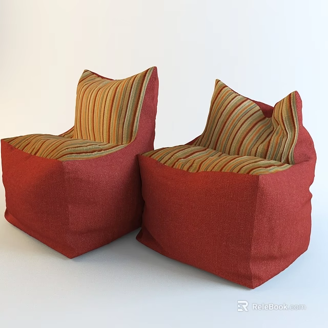 Comfortable Red Bean Bag Chairs With Striped Orange And Green Cushions For Living Room 3d model 