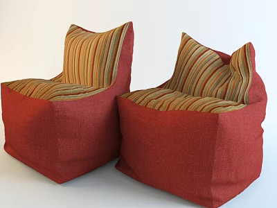 Comfortable Red Bean Bag Chairs With Striped Orange And Green Cushions For Living Room 3d model